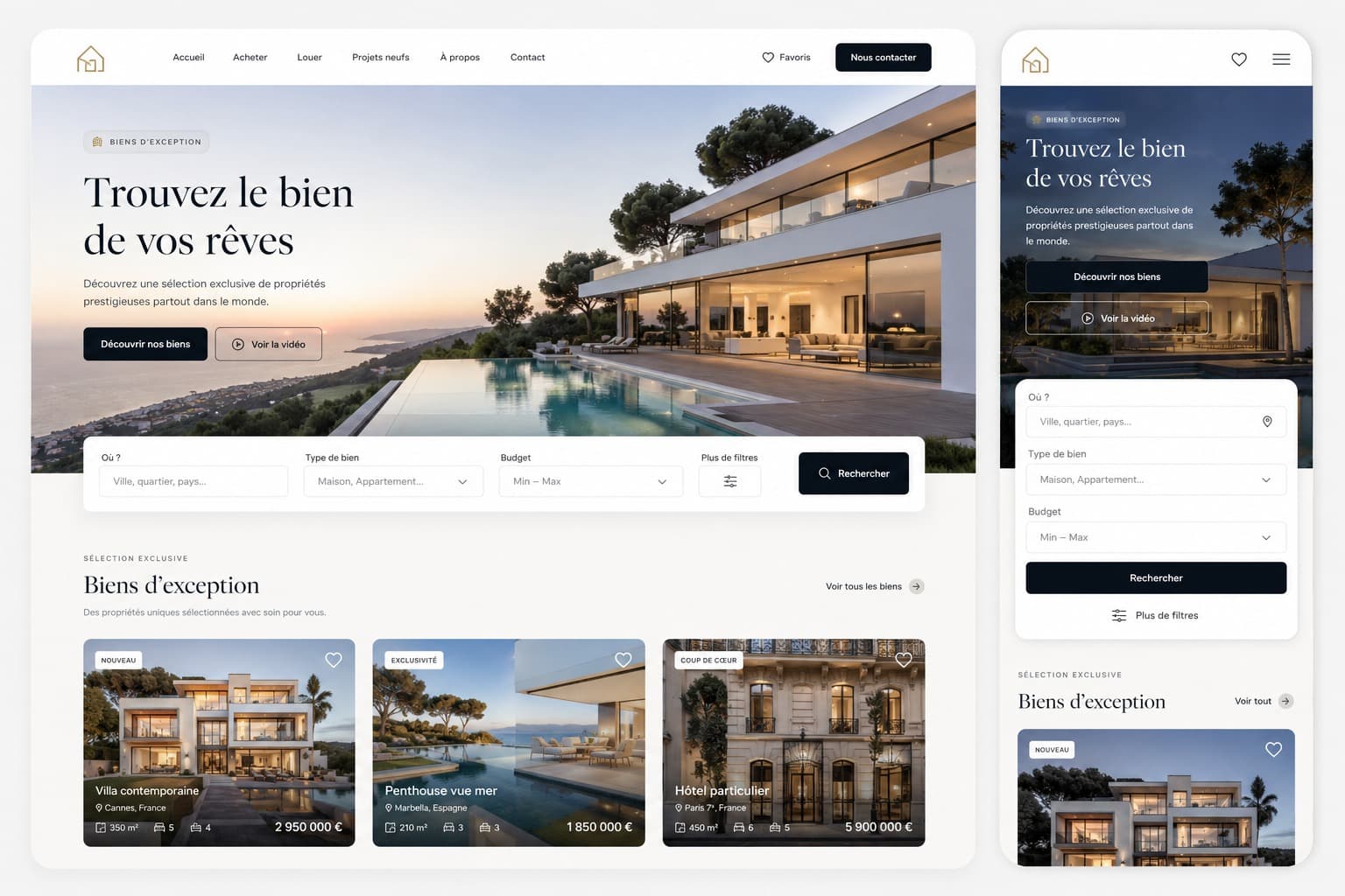 Maquette d'interface web pour agence immobilière premium